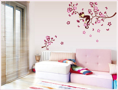 Oren Empower 70 cm Happy Monkey Playing On The Tree Removable Wall Decoration Sticker Self Adhesive Sticker(Pack of 1)