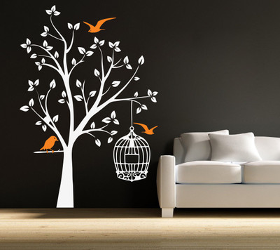 SUDARSHAN DESIGNS 57 cm Orange Bird And Tree Wall Decal Self Adhesive Sticker(Pack of 1)
