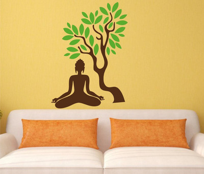 Asmi Collections 130 cm Meditating Buddha under a Green Tree Removable Sticker(Pack of 1)