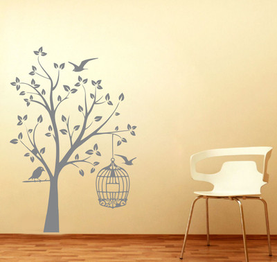 Creatick Studio 71 cm Creatick Studio Orange Bird And Tree Wall Decal Self Adhesive Sticker(Pack of 1)