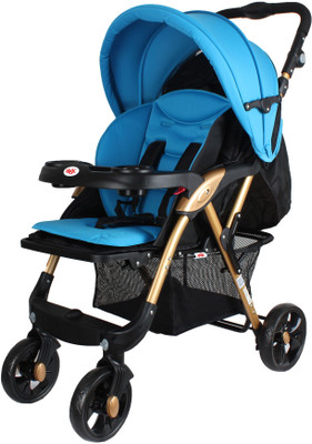 

abdc kids Baby Pram Stroller Adjustable Handlebar Golden frame Dual Brakes Pram(Multi, Blue)