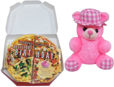 Advance Hotline Happy Birthday Pizza Shape Greeting Card With Teddy - 20 cm(Multicolor)
