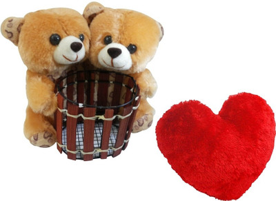 Saugat Traders Couple Teddy Pen Stand With Heart 6.3 Inch Multicolor Saugat Traders Soft Toys