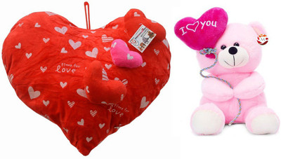 

MGPLifestyle - Combo of Red 3 Heart on Heart Shape Cuishion & I love you Ballon Heart Teddy- Pink (22cm) - 18 cm(Multicolor)
