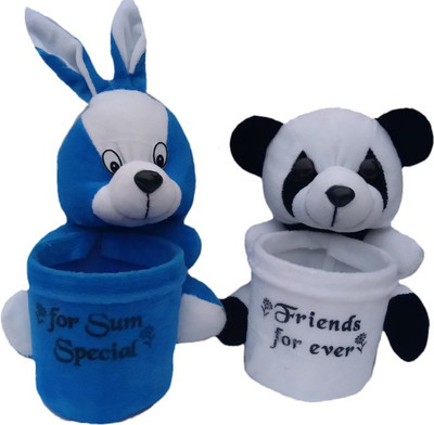 Aparshi Pack of 2 pen holders of Panda and Rabbit soft toy - 18 cm(White)