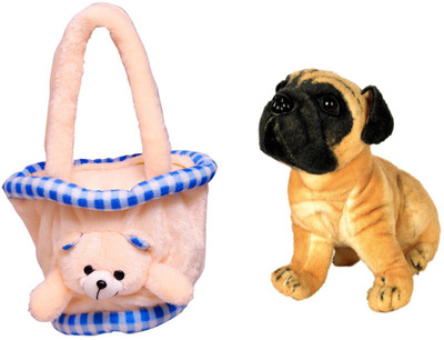 MGPLifestyle Combo of Basket Bag Small Pug Dog Soft Toy 32cm 12 cm Multicolor MGPLifestyle Soft Toys