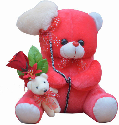

MGPLifestyle - Valentine Gift I Love You Dark Pink Ballon Heart Teddy (36 CM) with Little Cute Small Teddy with Flower - 18 cm(Multicolor)