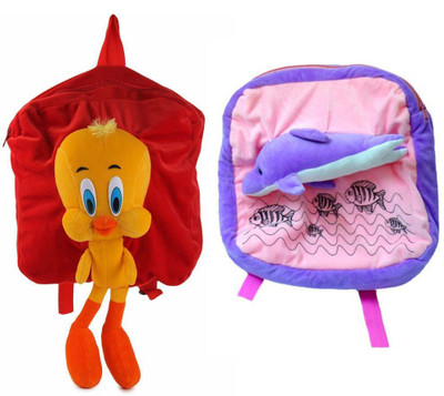 

MGP Creation Exclusive Red Tweety & Pink Dolphin Fish Kids School Bag - 14 inch(Multicolor)