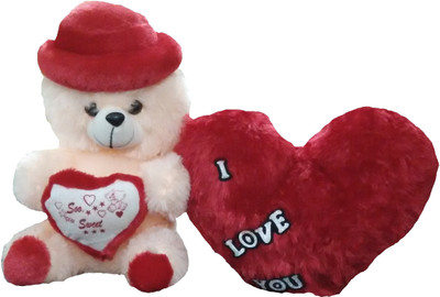 

Ekku Combo of Red Heart and Hat Teddy - 14 inch(Red, Beige), Beige;red
