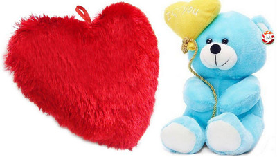 

MGPLifestyle - Valentine Special Combo of Red Heart Cuision (48x40cm) with Blue I love you Ballon Heart Teddy (20cm) - 18 cm(Multicolor)