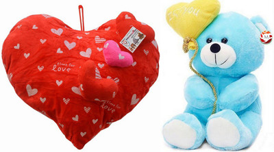 

MGPLifestyle - Combo of Red 3 Heart on Heart Shape Cuishion & I love you Ballon Heart Teddy- Blue(20cm) - 18 cm(Multicolor)