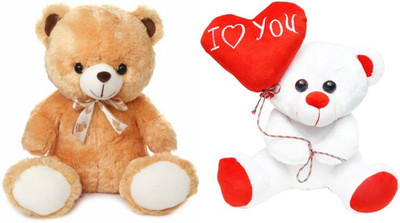 Tabby Sweet Teddy and Heart Balloon Teddy W&R Combo - 32 cm(White, Brown), Brown;white