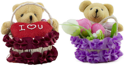 

Tickles Basket Teddy with Heart and flower bouquet ( Set of 2) - 8 cm(Multicolor)