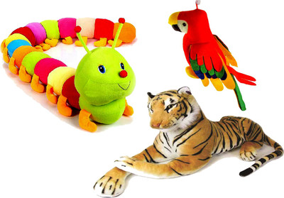 Ewi Tiger, Musical Parrot Colorful Caterpiller Soft Combo Of 3 57 cm Multicolor Ewi Soft Toys