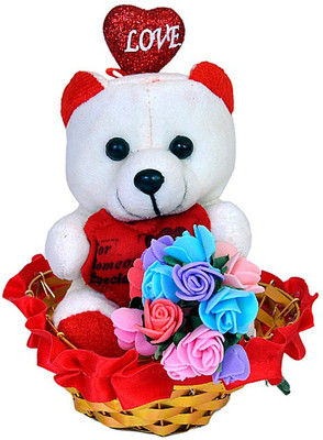 

Pingaksh Crafty Collection Cute Teddy with Heart & flower Bouquet in Love Basket - 5 inch(Multicolor)