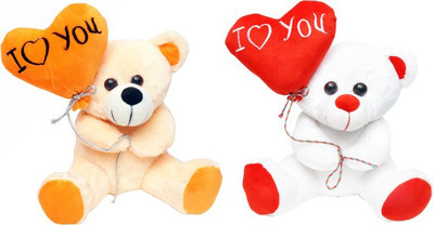 Tabby Heart Balloon Teddy Bear W&B Combo - 30 cm(White, Beige), Beige;white