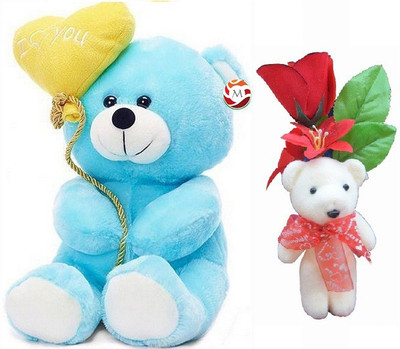 

MGPLifestyle - Valentine I Love You Blue Ballon Heart Teddy (22 CM) with Little Cute Small Teddy with Flower - 18 cm(Multicolor)