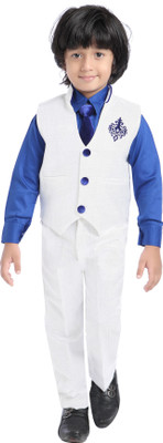 

Jeet Shirt, Waistcoat and Pant Set Self Design Boys Suit, White