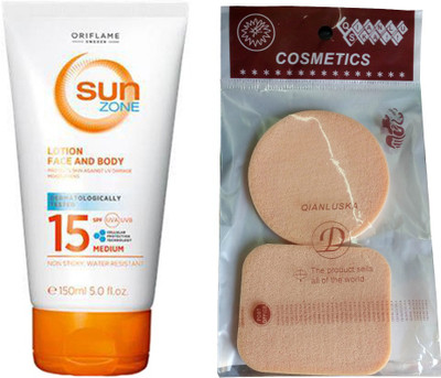 

Oriflame Sweden SUN ZONE LOTION FACE AND BODY SPF 15 MEDIUM WITH COMPACT SPONGES - SPF 15 PA+(150 ml)