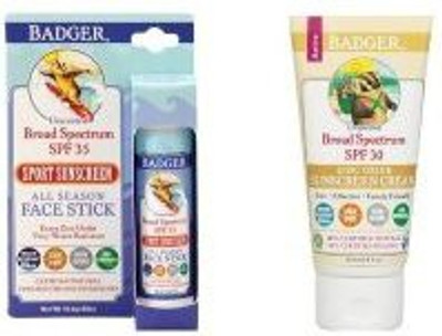 

Badger SPF30 Sunscreen (2.9 oz) and Badger SPF 35 Sport Sunscreen Face Stick (.65 oz) - SPF 30 PA+(81.2 g)