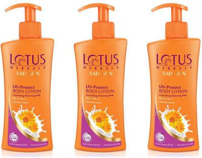 

Lotus Herbals Safe Sun UV-Protect Body Lotion Nourishing Whitening Milk (( Pack * 3 )) (( 250ml * 3 )) - SPF 25 PA+++(750 ml)