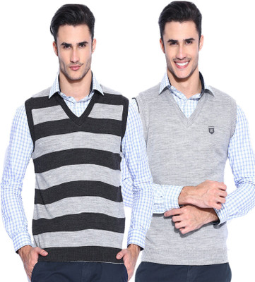 

Sports 52 Wear Striped V-neck Casual Men Reversible Grey Sweater, Dark grey