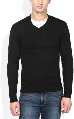 Super Weston Solid V Neck Casual Men Black Sweater