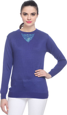 

Miss Grace Solid Round Neck Party Women Blue Sweater