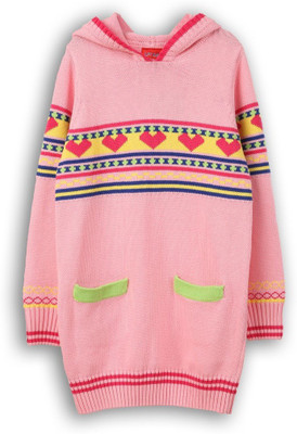 Lilliput Self Design Turtle Neck Casual Girls Pink Sweater