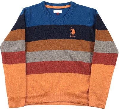 

US Polo Kids Striped V-neck Casual Boys Multicolor Sweater, Me orange