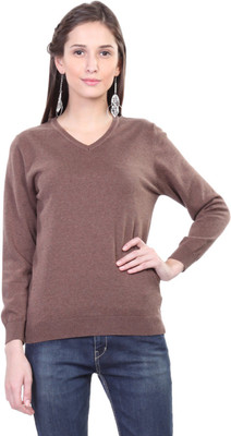 

Kalt Solid V-neck Casual Women Brown Sweater, Brown melange