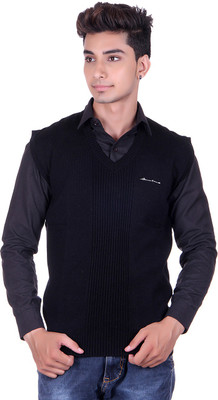 

Pierre Carlo Solid, Self Design V-neck Casual Men Black Sweater
