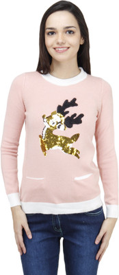 Camey Embellished Round Neck Casual Women Pink Sweater