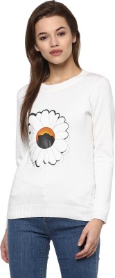Camey Floral Print Round Neck Casual Women White Sweater