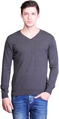 

Kalt Solid V-neck Casual Men Grey Sweater, Dark grey melange