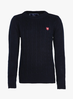 

612 League Printed Round Neck Casual Girls Blue Sweater, Navy