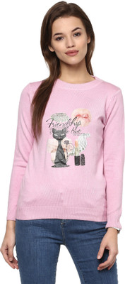 Camey Animal Print Round Neck Casual Women Pink Sweater