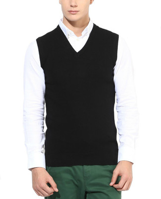 Super Weston Solid V Neck Men Black Sweater