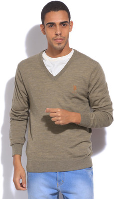 

U.S. Polo Assn Solid V-neck Casual Men Beige Sweater, Mojave desert