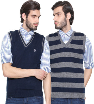 

Sports 52 Wear Striped V-neck Casual Men Reversible Dark Blue Sweater, Navy