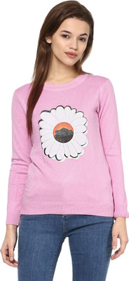 Camey Floral Print Round Neck Casual Women Pink Sweater