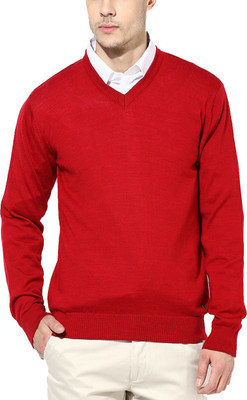 Super Weston Solid V Neck Men Red Sweater