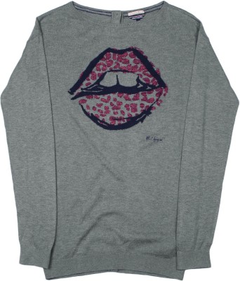 Tommy Hilfiger Printed Round Neck Casual Girls Grey Sweater at flipkart