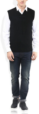 Super Weston Solid V Neck Men Black Sweater