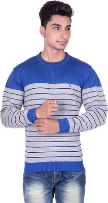 

Pierre Carlo Solid, Striped Round Neck Casual Men Blue Sweater, R blue