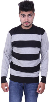 Austrich Striped Round Neck Casual Men Grey Sweater