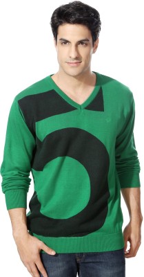 Allen Solly Printed V Neck Casual Men Green Sweater