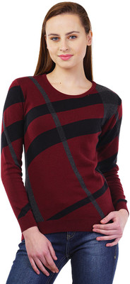 KALT Self Design Round Neck Casual Women Maroon Sweater