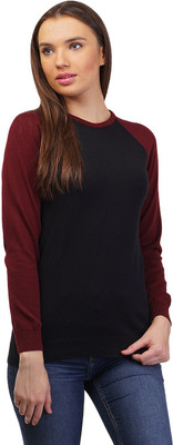 

Kalt Solid Round Neck Casual Women Black Sweater, Black;maroon