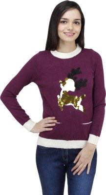 Camey Embellished Round Neck Casual Women Purple Sweater